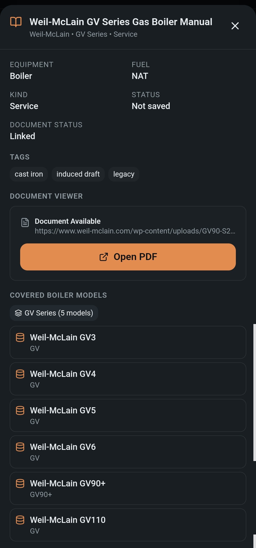 BoilerMate website manuals screen